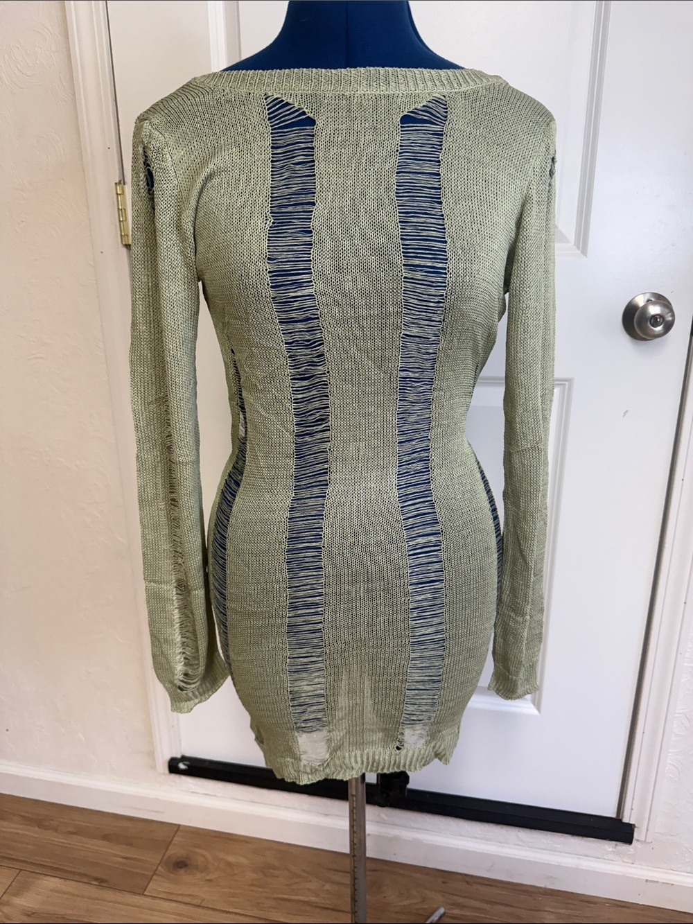 Amazon Sage Green Open-Knit Long Sleeve Dress with Navy Stripe Panels